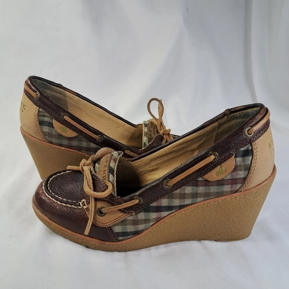 SPERRY Brown w/Brown Plaid Wedged Top Sider Loafer Women's Size 7